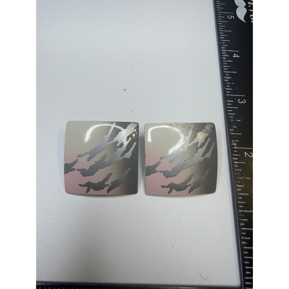 Vintage 80s Abstract Square Stud Earrings‎ Pink Grey Silver Splatter Statement